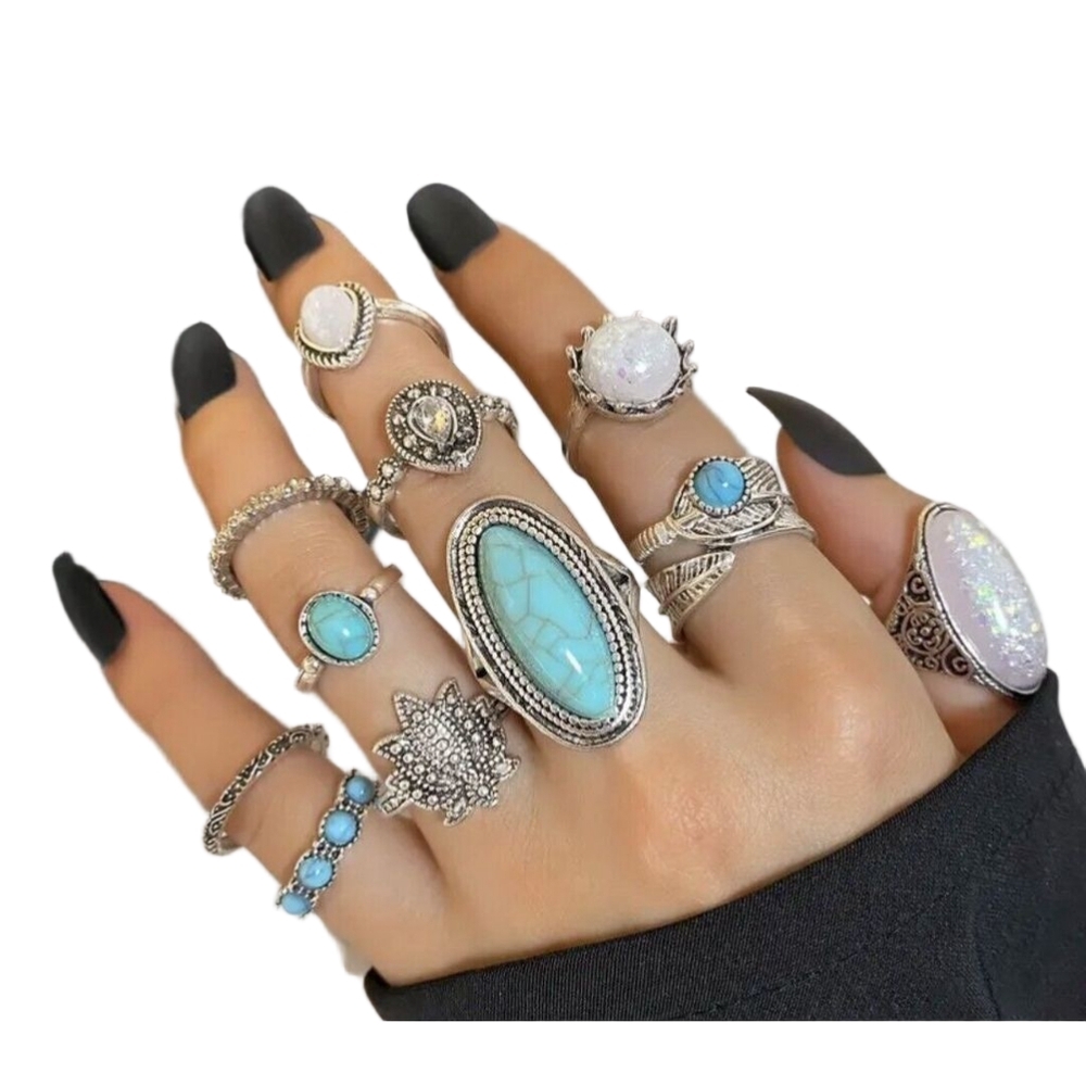 20 Pc Rings Bohemian Hippie stacking rings Boho Jewelry Blue Black Silver - Picture 3 of 7